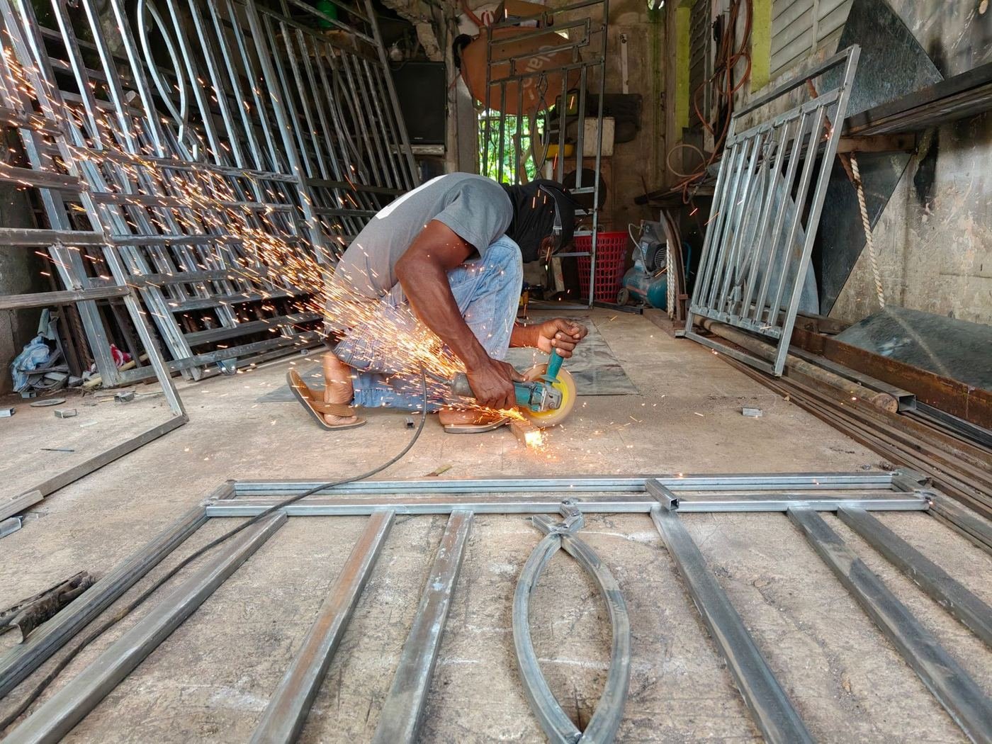 Sparks from grinding steel in a workshop